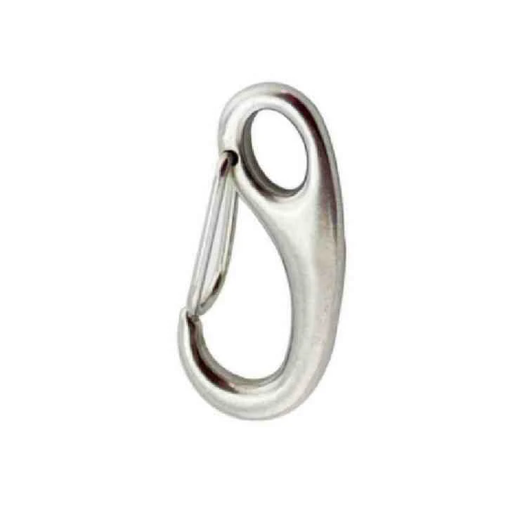 Polished stainless steel spring-loaded snap hook carabiner centered on a plain white background