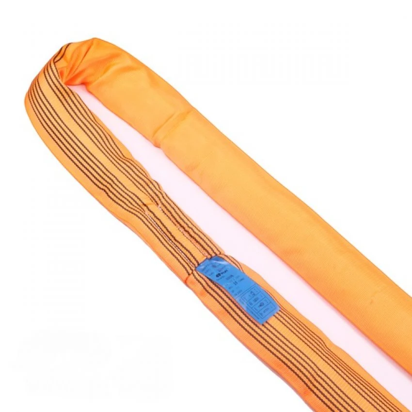Orange textile lifting sling loop with stitched layers and blue tag on white background