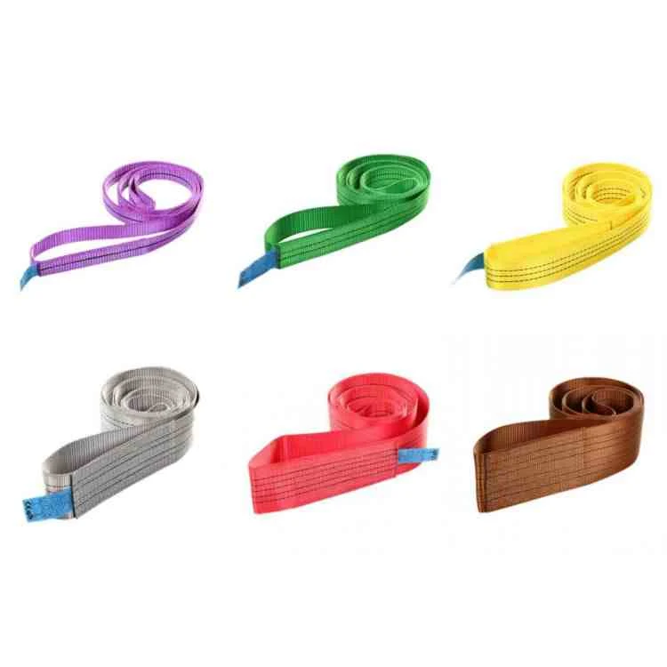 Six coiled webbing lifting slings in purple, green, yellow, gray, red, and brown on a white background