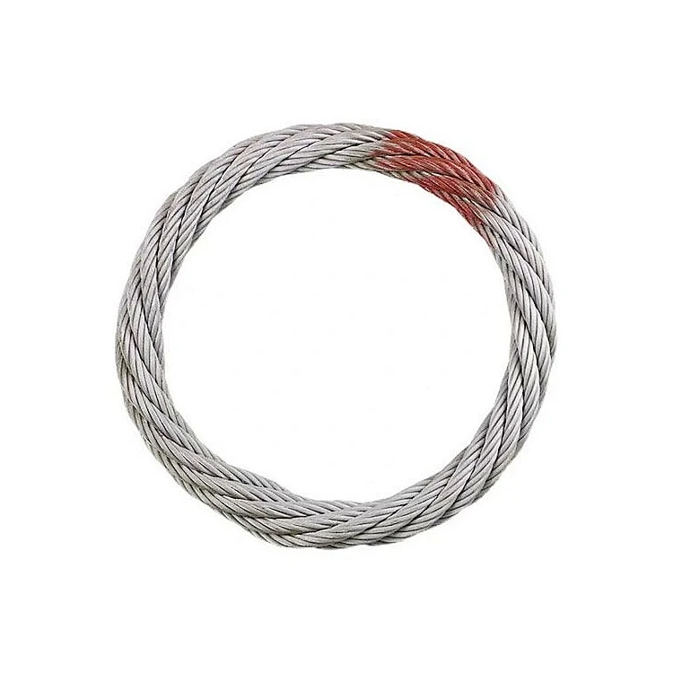 Endless loop sling made of twisted galvanized steel wire rope with a red-marked section on white background