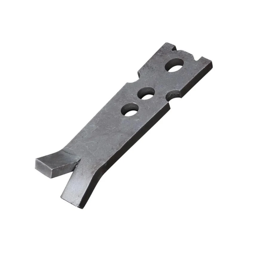 Angled steel metal bracket with three round holes, notched edges and a forked tip on a white background