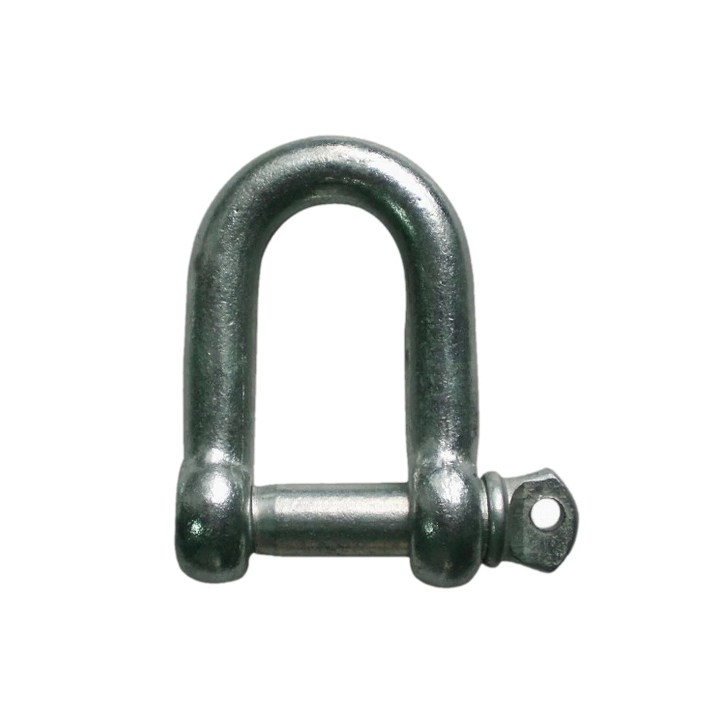 Galvanized steel D-shackle with threaded pin and nut, isolated on a white background