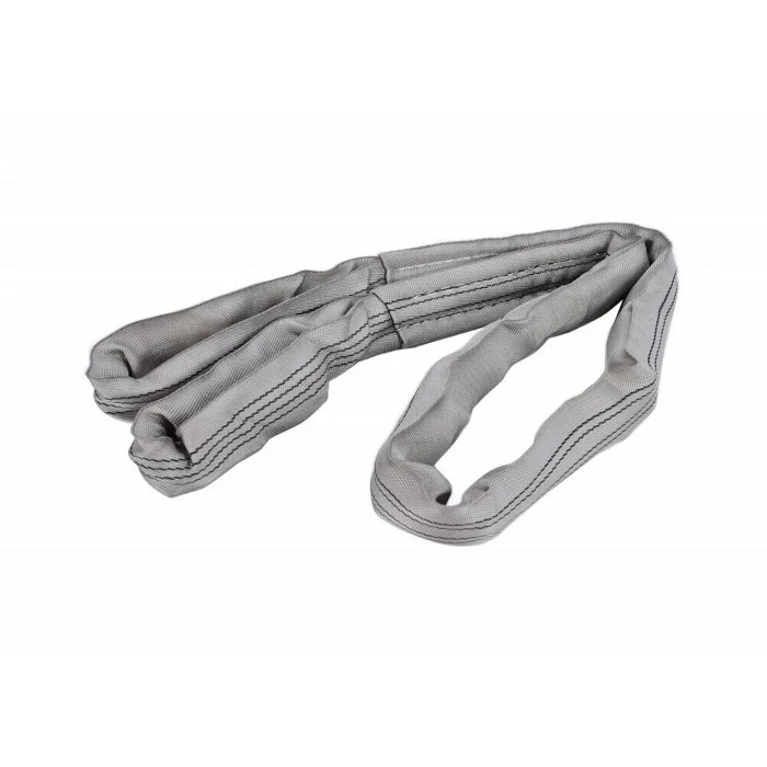 Gray round lifting sling coiled loosely on a plain white background