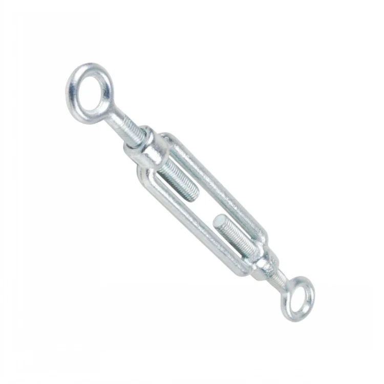 Galvanized steel eye-and-eye turnbuckle with open body and threaded eye ends on white background
