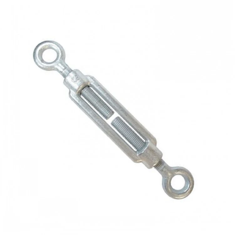 Galvanized steel eye-and-eye turnbuckle with open body, isolated on a white background