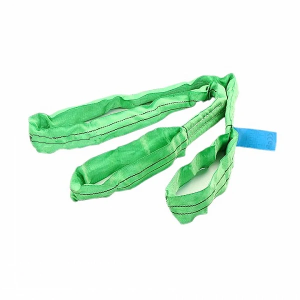 Green endless round lifting sling with eye loops and a blue identification tag on a white background