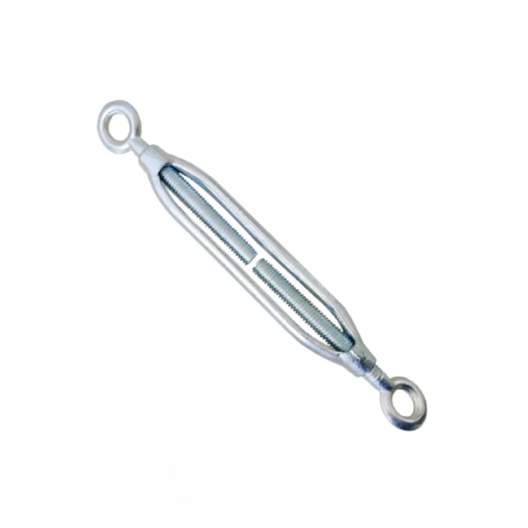 Zinc plated eye eye turnbuckle with open body frame on white background