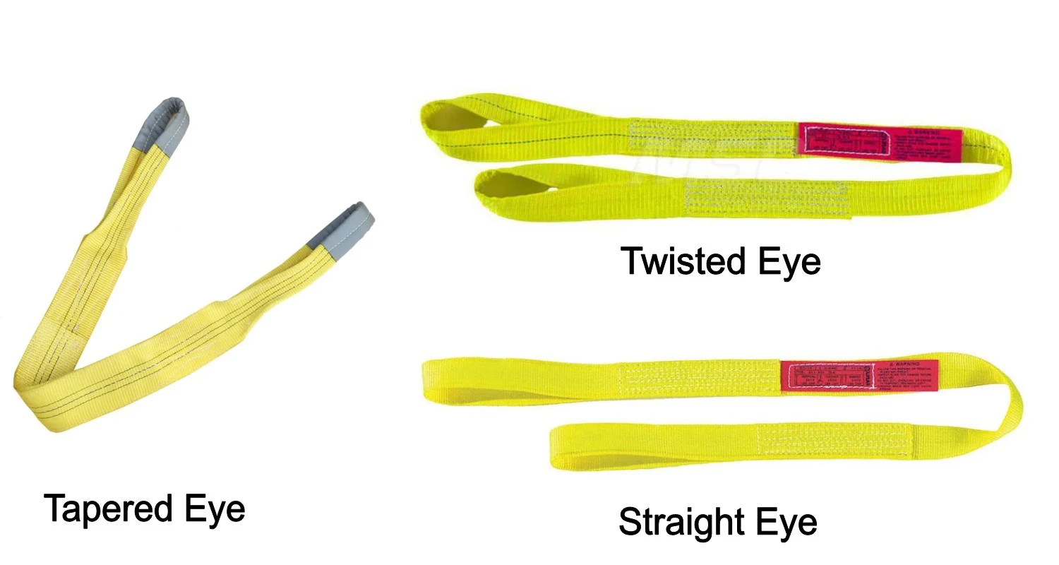Three yellow web lifting slings displayed with tapered eye, twisted eye, and straight eye end configurations