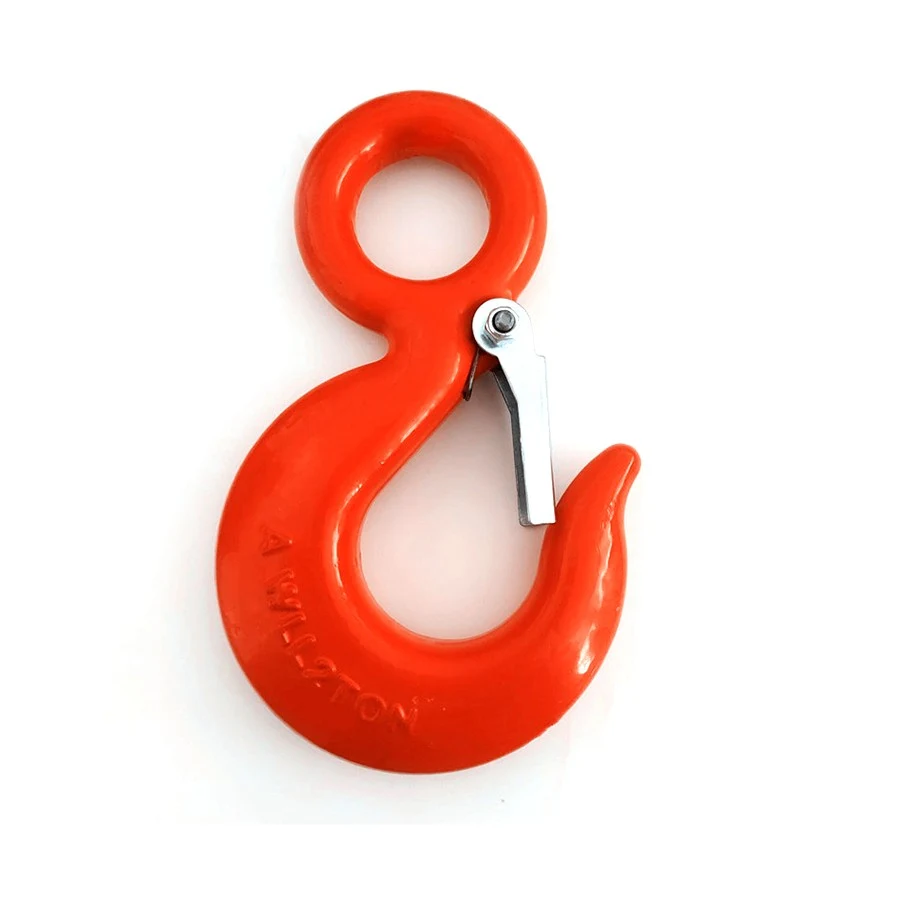 Orange eye hoist hook with silver safety latch on a white background