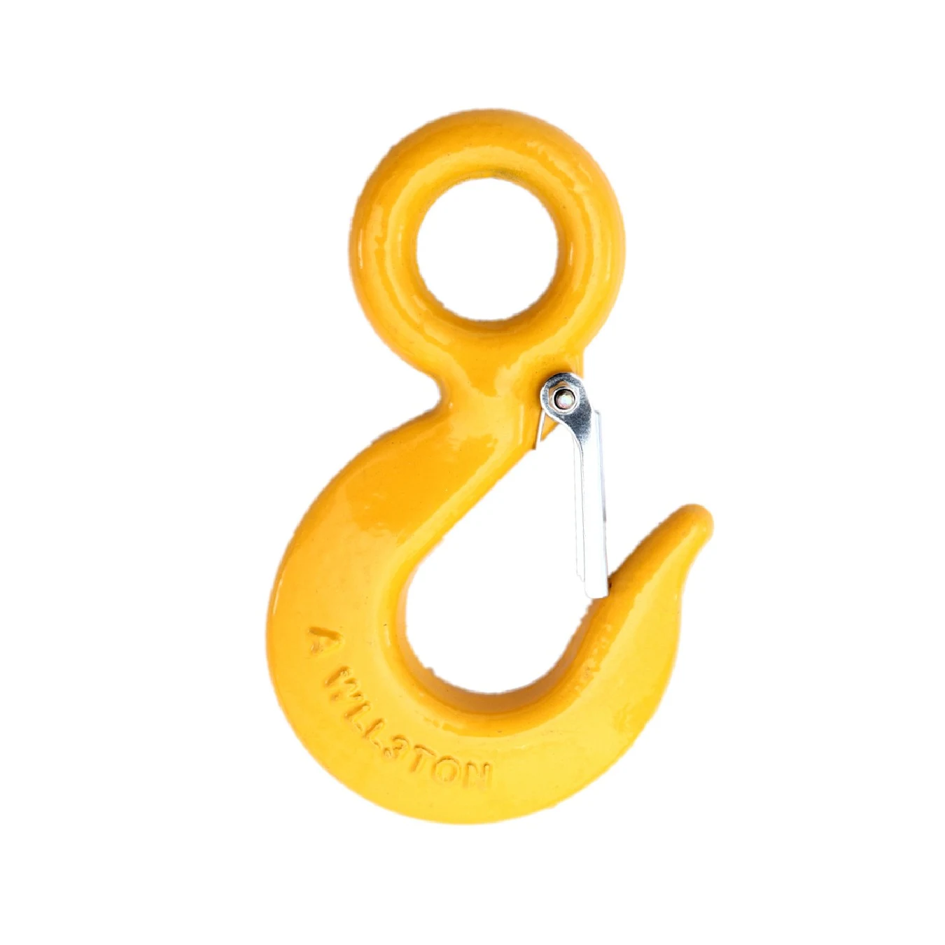 Yellow lifting hook with safety latch and eyelet on white background