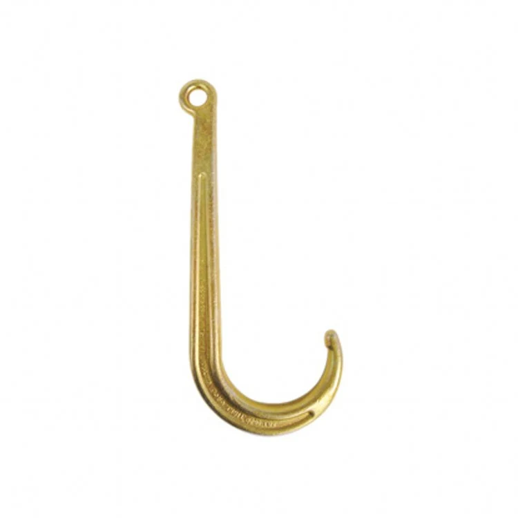Brass J-shaped hook with eyelet at top, shown vertically on a plain white background