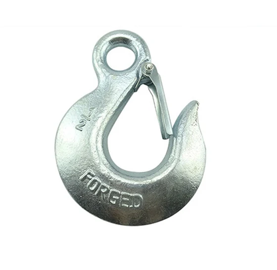Forged galvanized steel eye sling hook with spring safety latch on white background