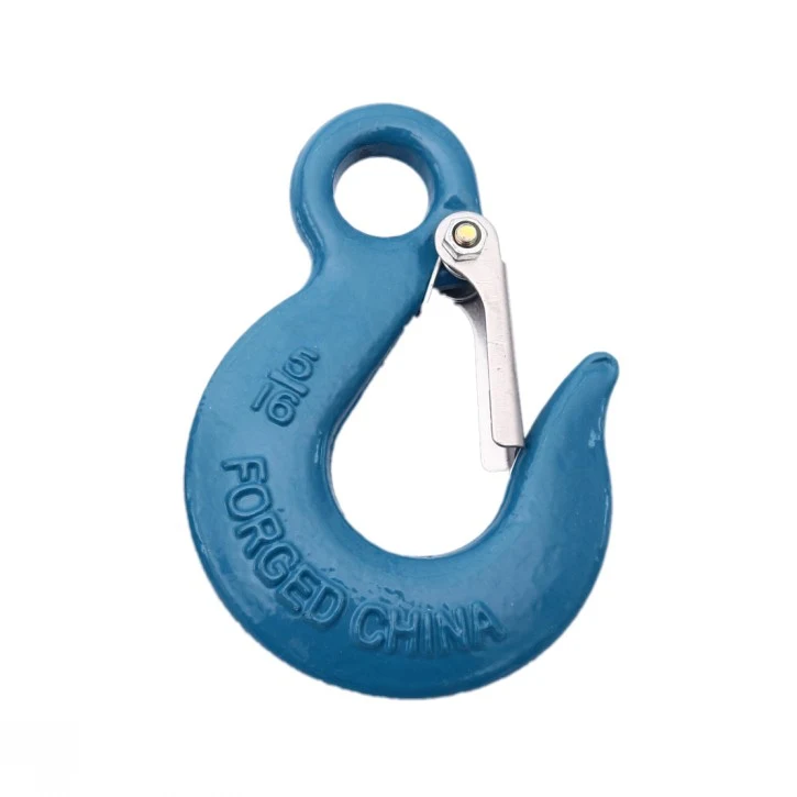 Blue forged steel lifting hook with a silver safety latch on a white background