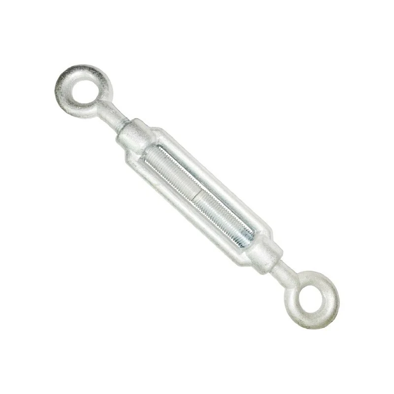 Galvanized eye-and-eye turnbuckle with open threaded body shown diagonally on a plain white background