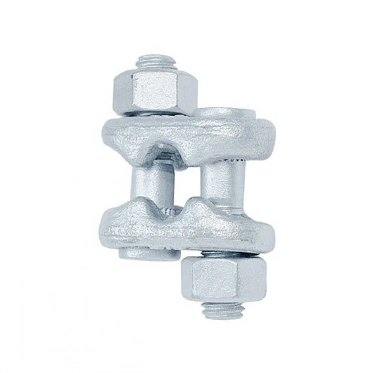 Drop forged wire rope clamp with a galvanized finish, featuring two saddle pieces and a long bolt with hex nuts