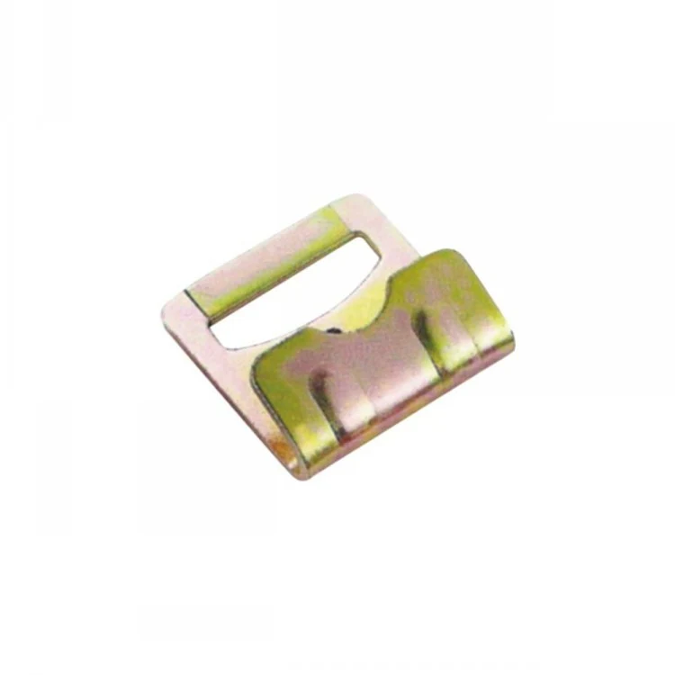 Yellow zinc-plated steel cam buckle for webbing straps, isolated on a white background