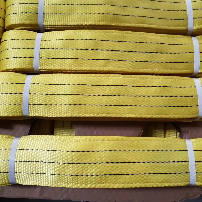 Bundles of yellow woven webbing straps secured with white bands, packed in a cardboard box
