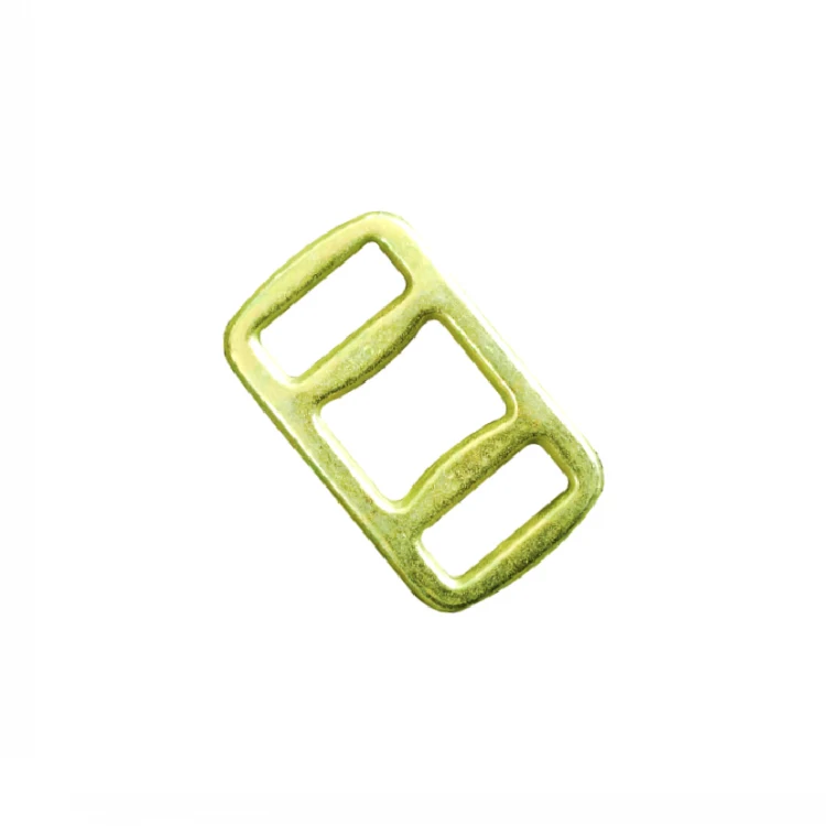 Gold zinc plated forged tri-glide buckle with three rectangular openings, isolated on white