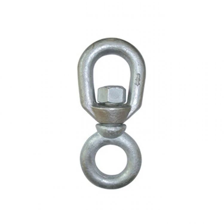 galvanized metal swivel eye and eye fitting with a central nut and two loops on a white background