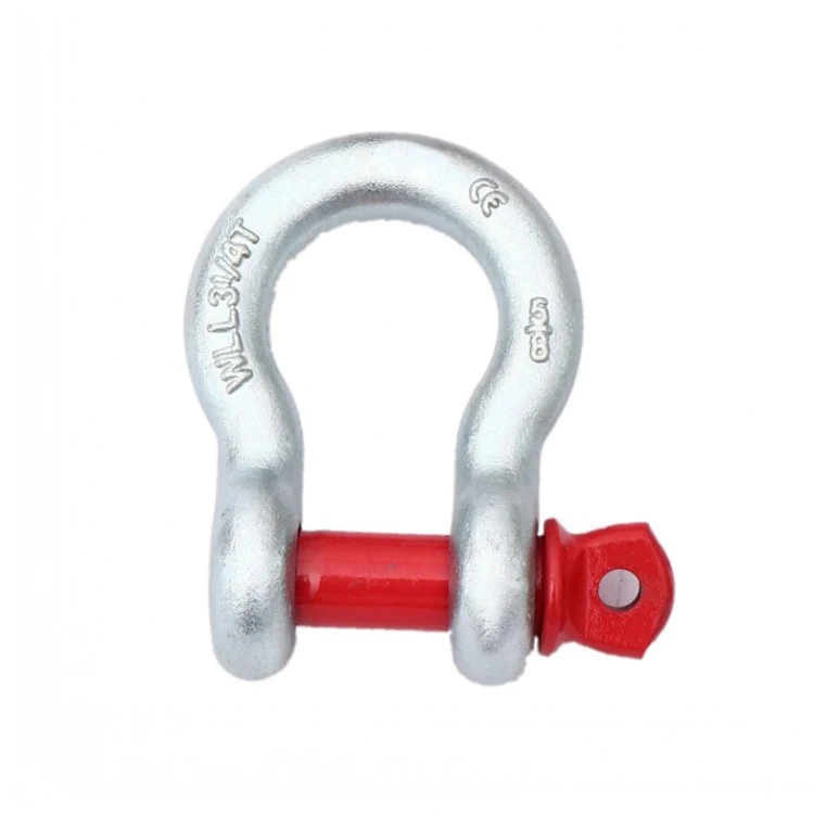 Silver bow shackle with a red bolt and nut, featuring embossed markings WLL 3/4T and CE