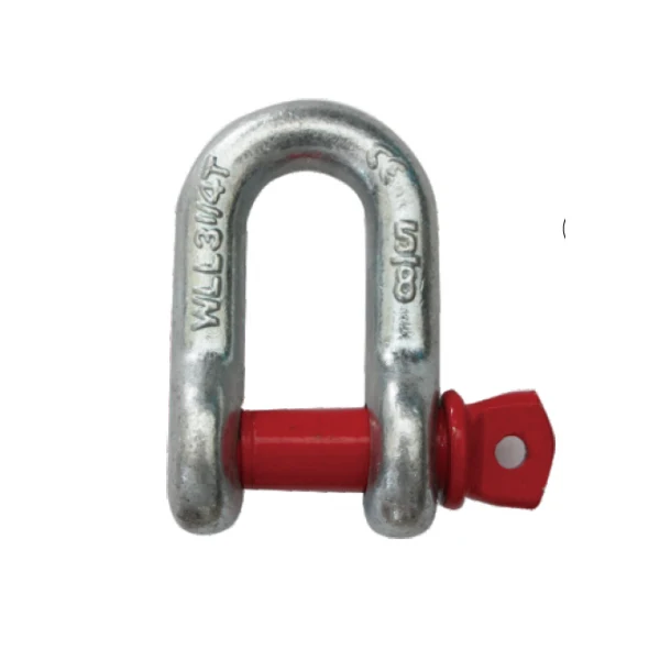 Galvanized metal bow shackle with red pin and forged WLL 3 1/4 T markings on white background