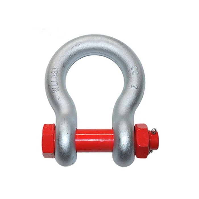 Silver galvanized bow shackle with red screw pin against white background