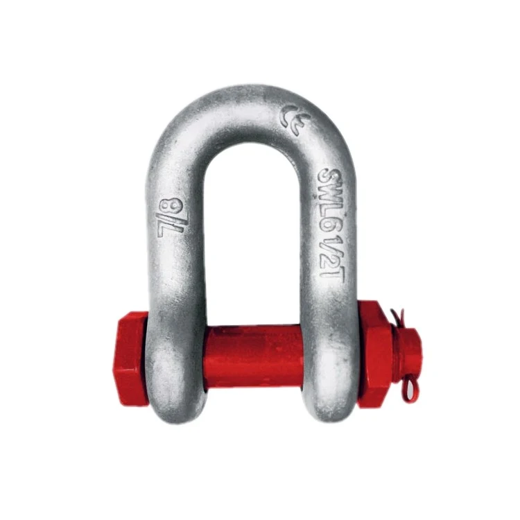 Silver galvanized steel bow shackle with red bolt and nut on a white background