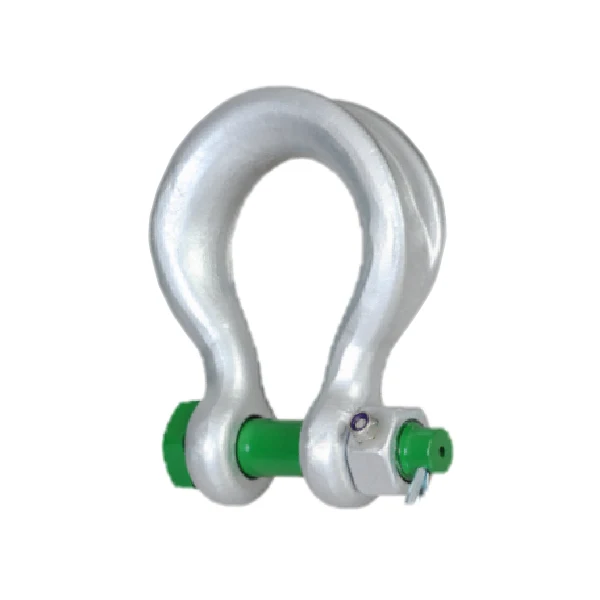 Galvanized steel bow shackle with green pin, nut, and split pin on white background