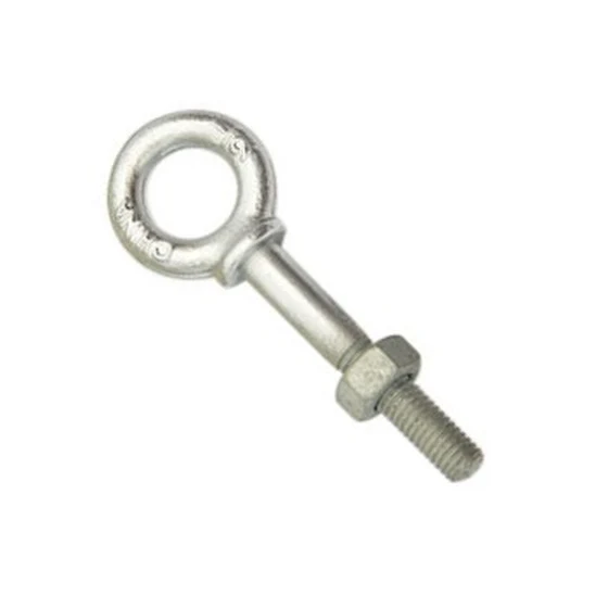 Galvanized lifting eye bolt with hex nut and threaded shank on a plain white background