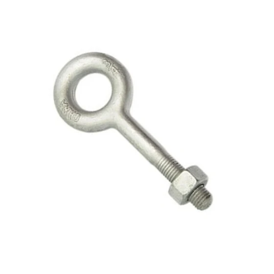 Galvanized lifting eye bolt with threaded shank and hex nut on a white background