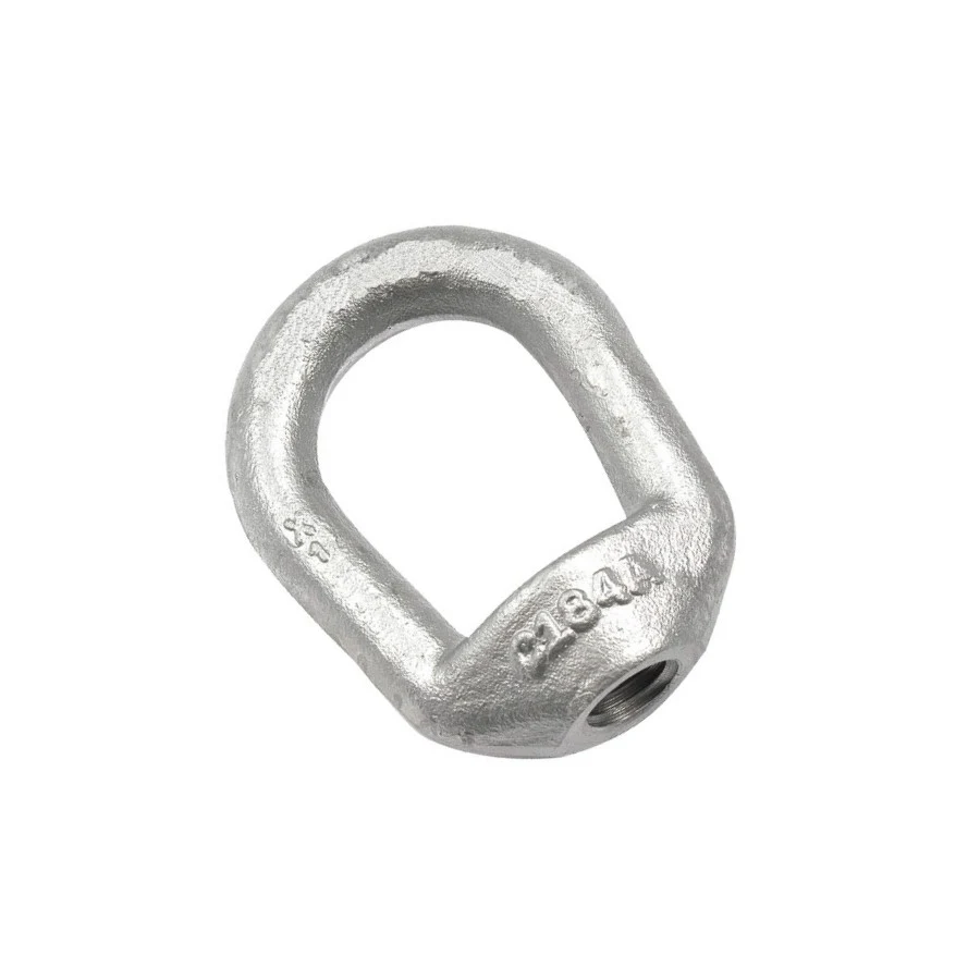 Galvanized forged lifting eye nut with threaded base and cast markings, centered on a white background