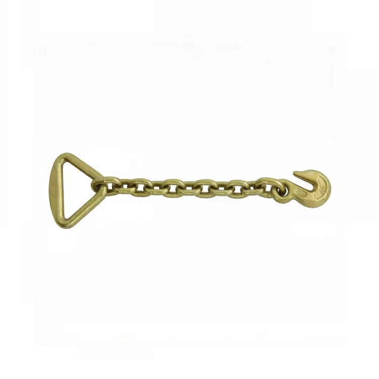Gold-toned steel chain with a delta ring on one end and a grab hook on the other, isolated on white background