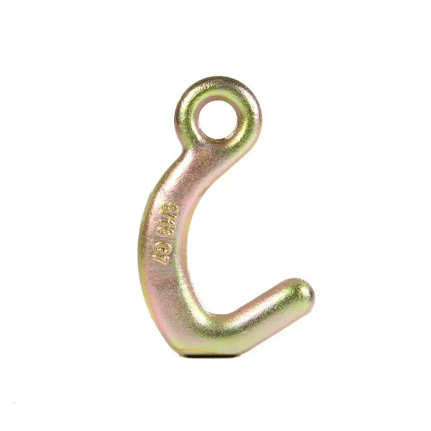 Gold zinc plated eye hook with stamped markings on white background