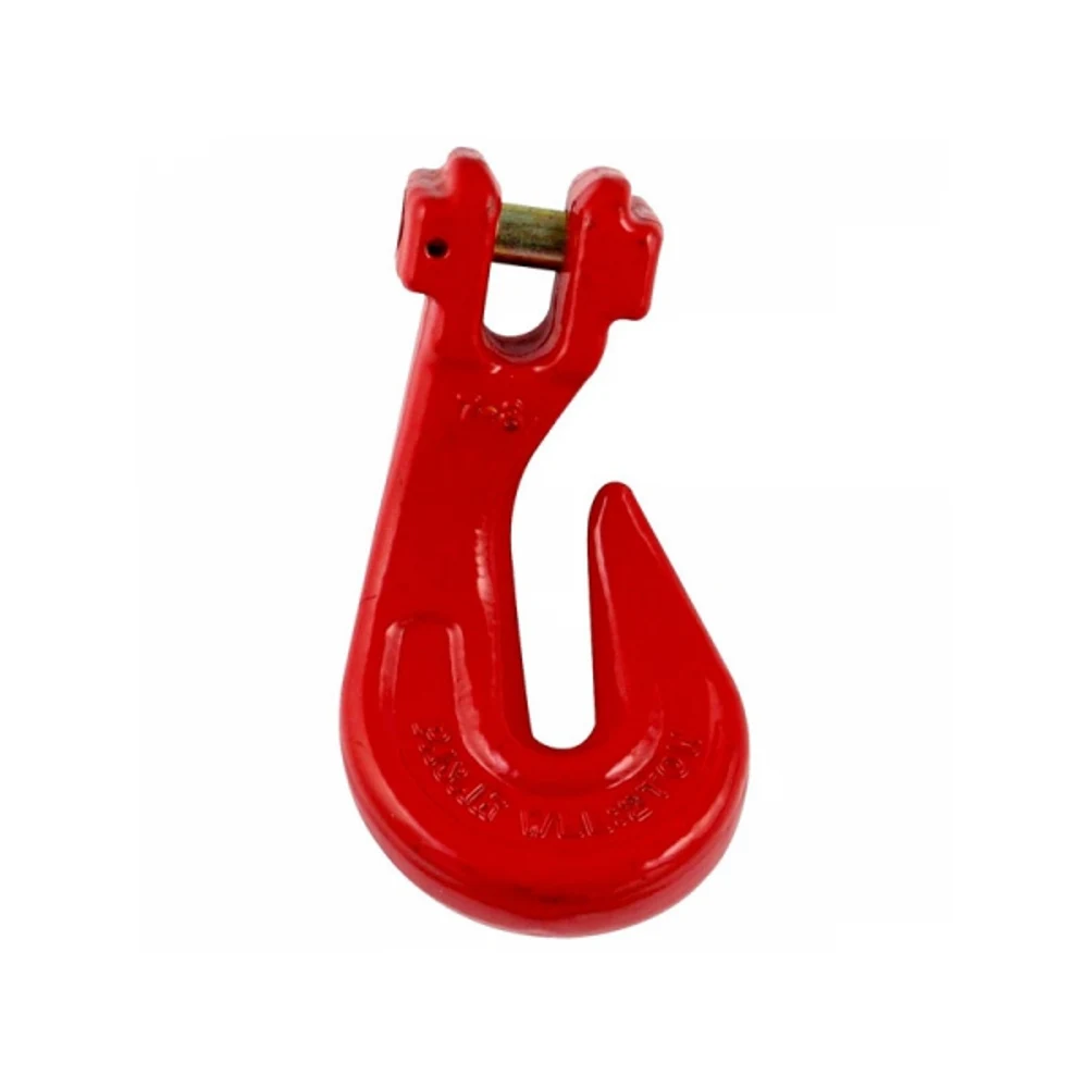 Red painted clevis grab hook with clevis pin and embossed markings, isolated on a white background
