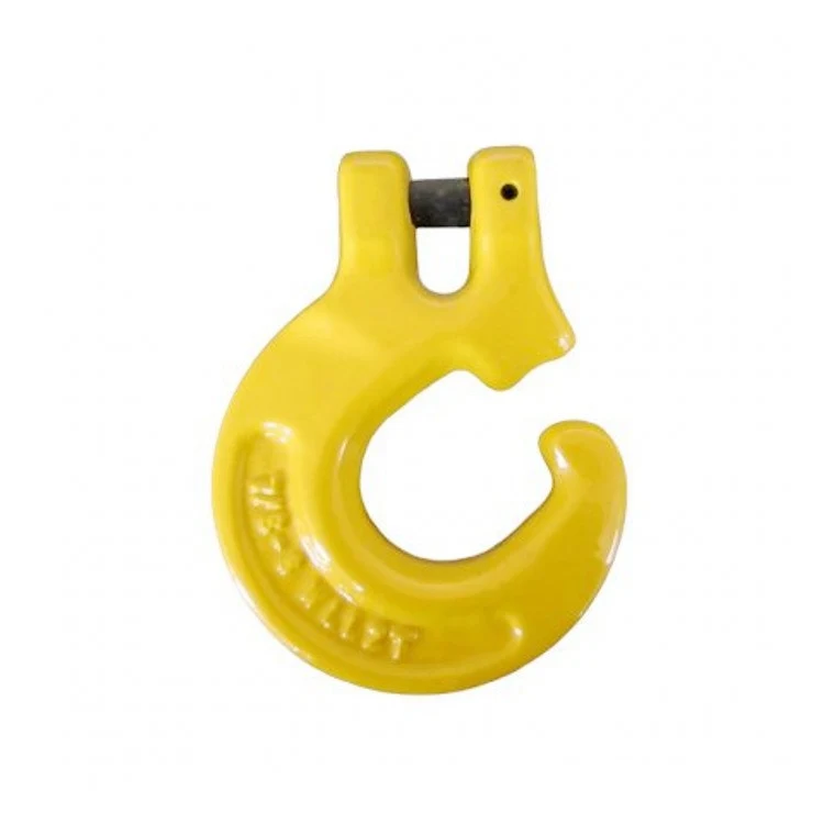 Yellow painted clevis lifting hook with embossed cast markings, isolated on a white background