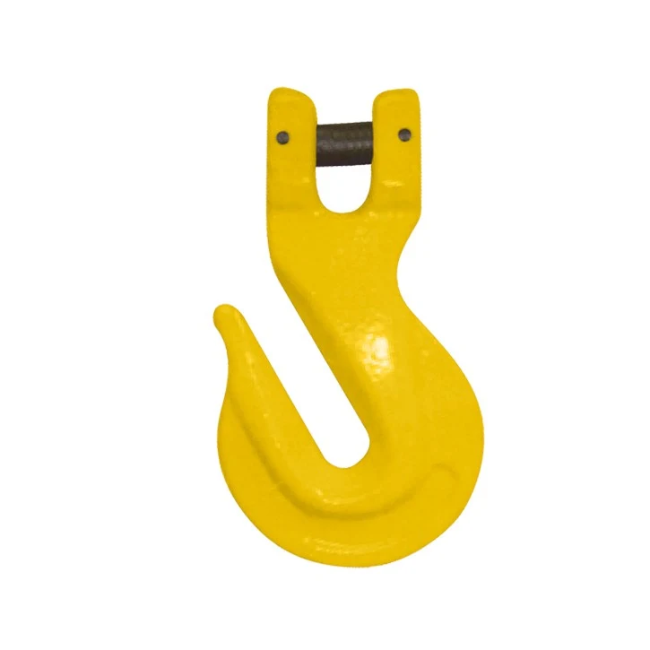 Yellow painted steel clevis grab lifting hook with clevis pin, isolated on a white background