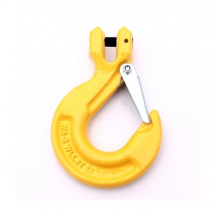 Yellow metal lifting hook with a silver safety latch on a white background