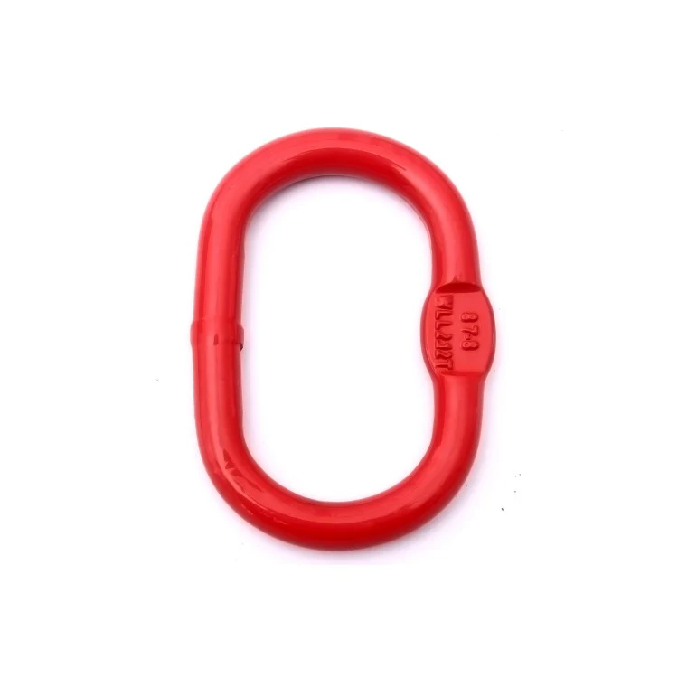 Red painted steel oblong chain master link with smaller ring, on white background
