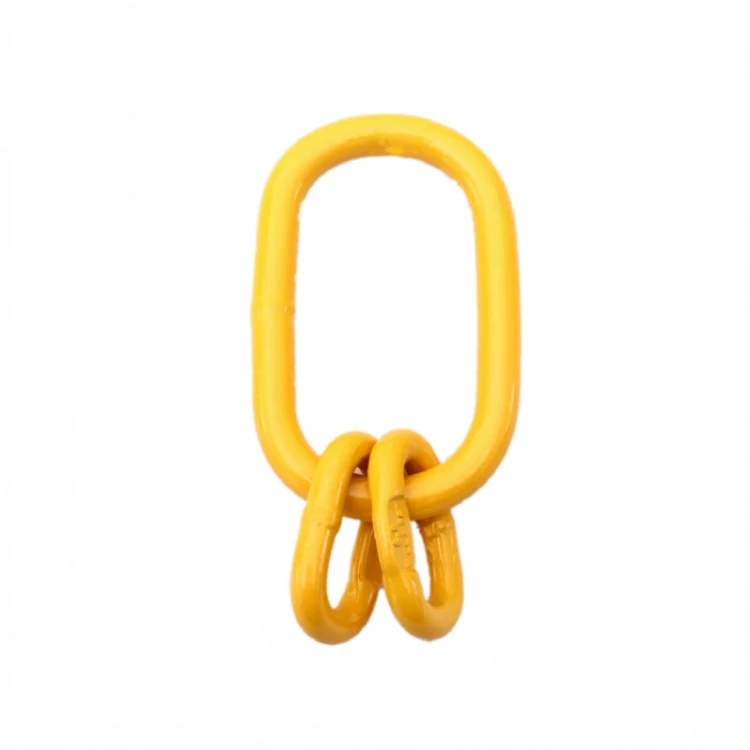 Yellow painted lifting master link with two smaller links attached, isolated on a white background