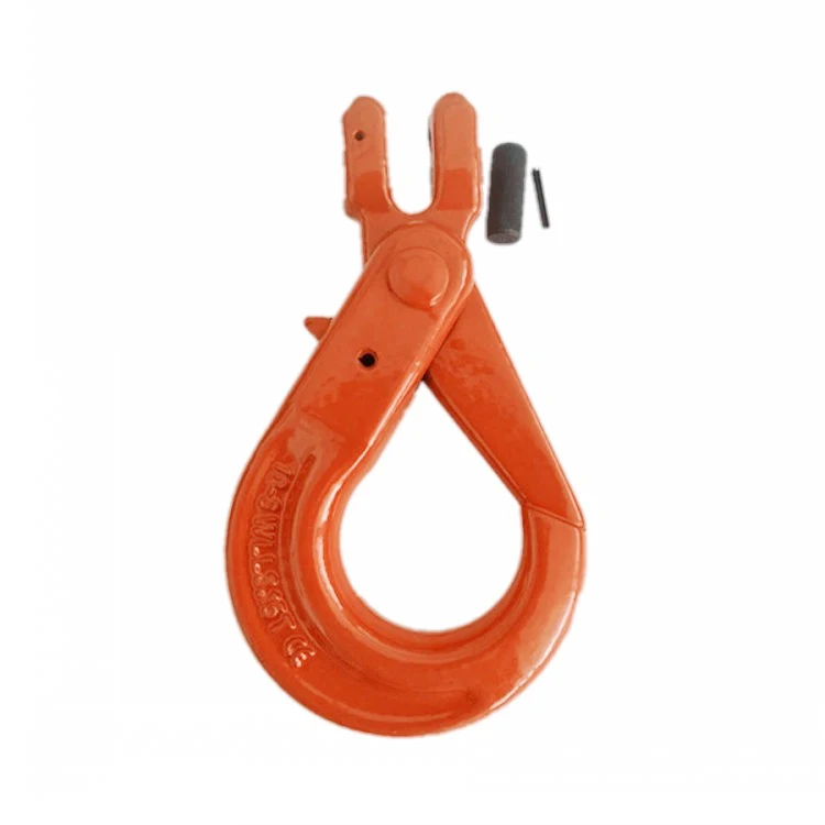 Orange G80 European type clevis self-locking safety hook with pin and cotter on white background