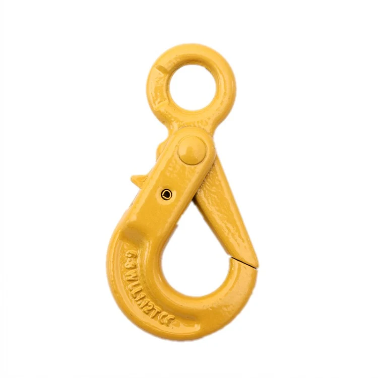 Yellow forged steel self-locking lifting hook with eye and safety latch on white background