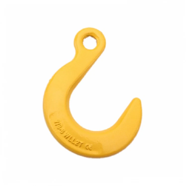 Yellow forged eye sling lifting hook with embossed WLL marking, shown on a plain white background