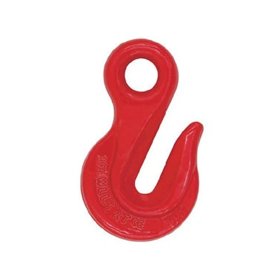 Red painted eye sling hook with round eyelet and curved lifting tip, isolated on white background