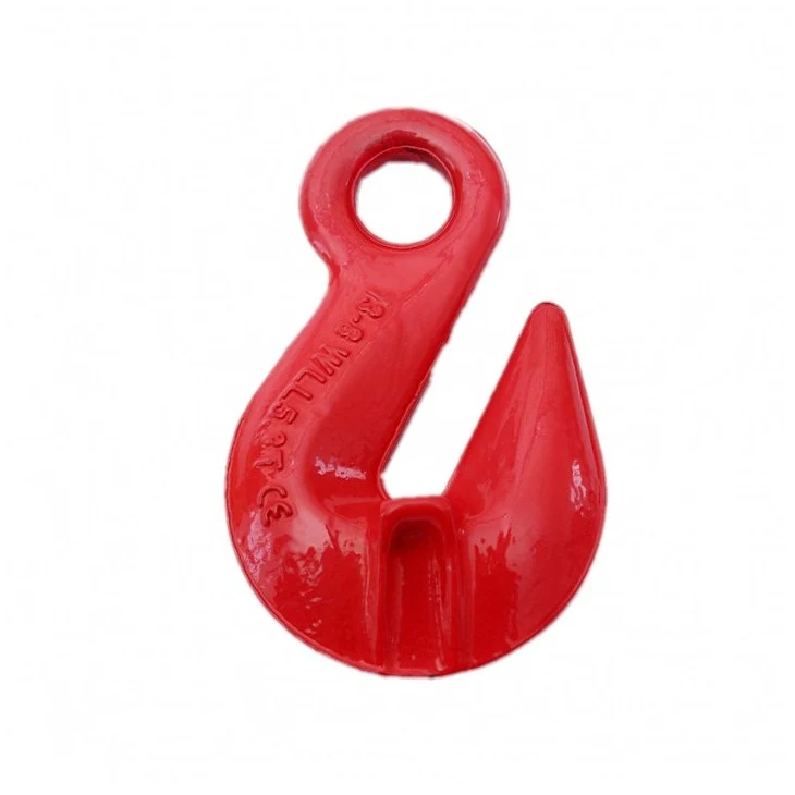 Red painted alloy steel eye grab hook with forged size markings, isolated on white background