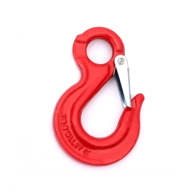 Red lifting hook with a closed loop eye and silver latch on white background