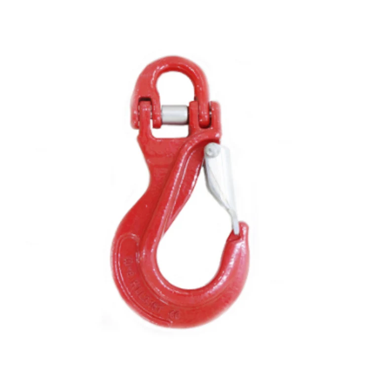 Red forged lifting hook with swivel top and metal safety latch on white background