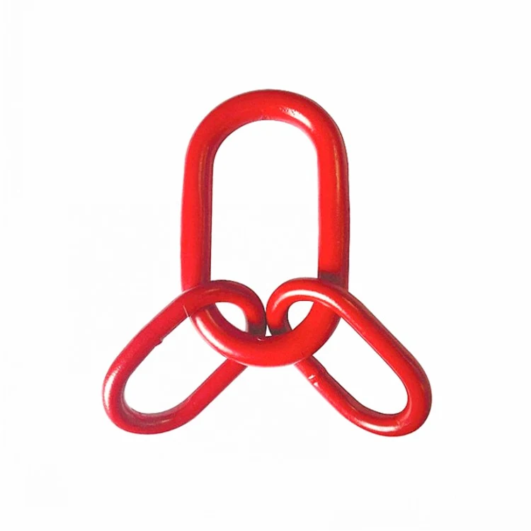 Red painted steel lifting master link assembly with two interlocked chain links on a white background
