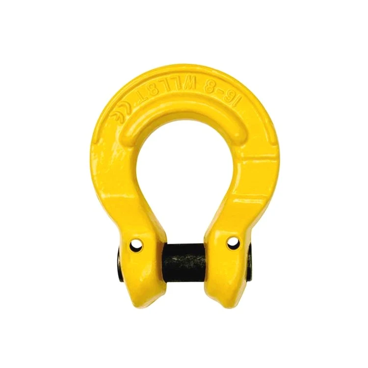 Yellow painted metal bow shackle with a black pin on a white background