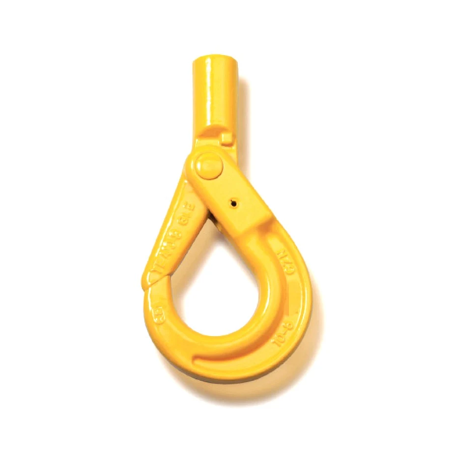 Yellow forged steel clevis sling hook with safety latch, isolated on a white background