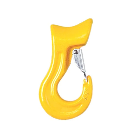 Yellow steel lifting sling hook with metal safety latch, isolated on white background